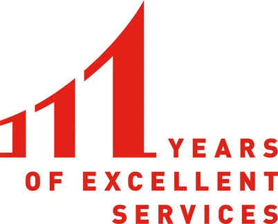 Ein Bild von einem roten Logo auf weißen Hintergrund mit dem Schriftzug "111 Years of Excellent Services 