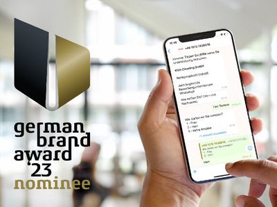 Teaserbild zu "german brand award '23 nominee" mit einer Handy Whatsapp-Chatverlauf von einem Bewerbungsprozess mit Klüh